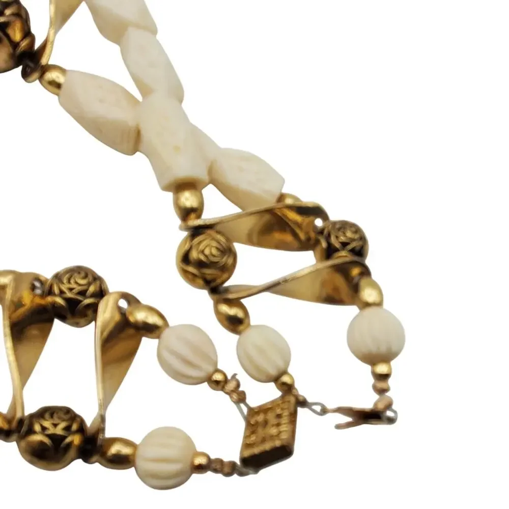 Acrylic Carved‎ Off White Beaded Choker Necklace Brass Tribal Boho Ethnic Rose